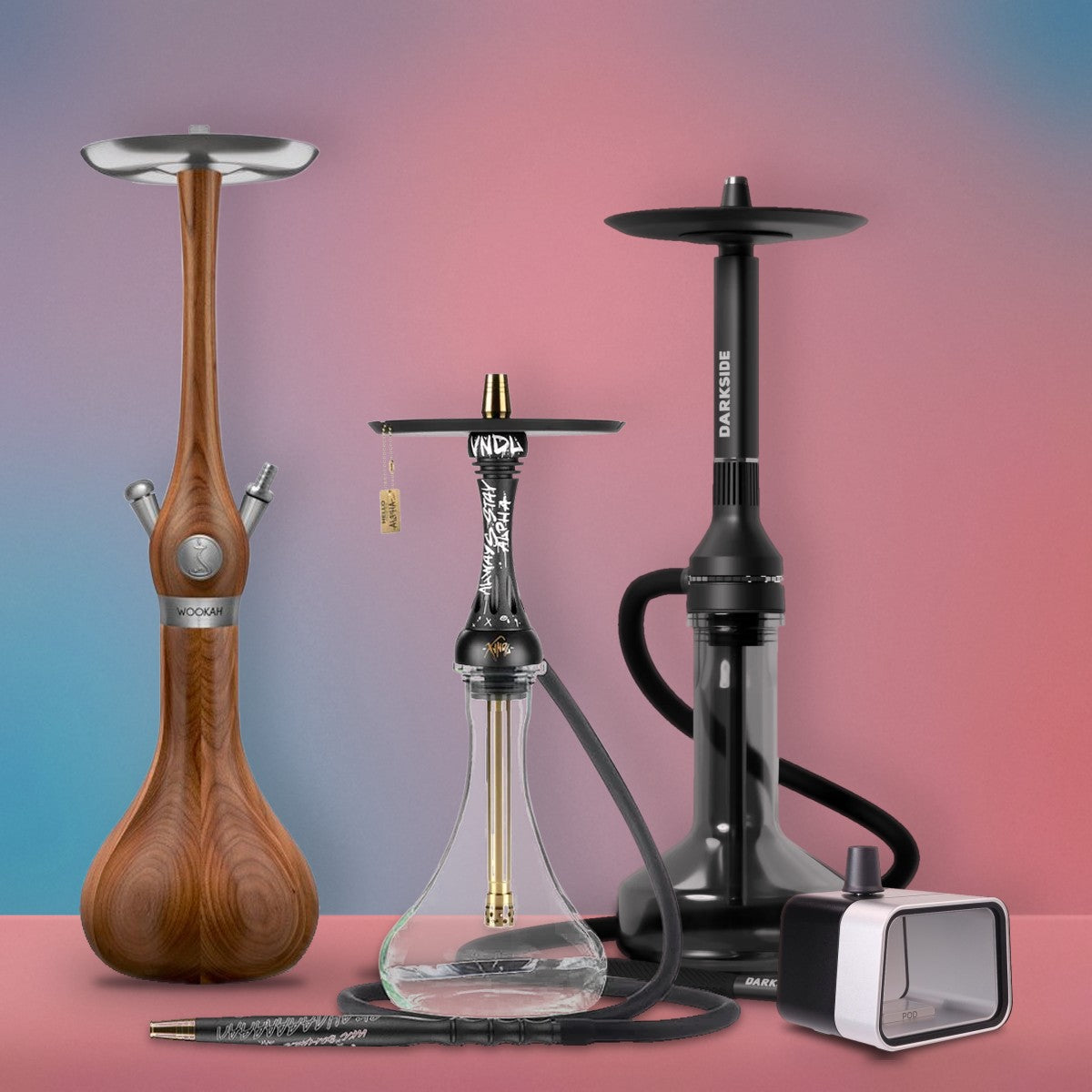 Wookah, Alpha X VNDL and Darkside NEO shishas with a PurjFam
