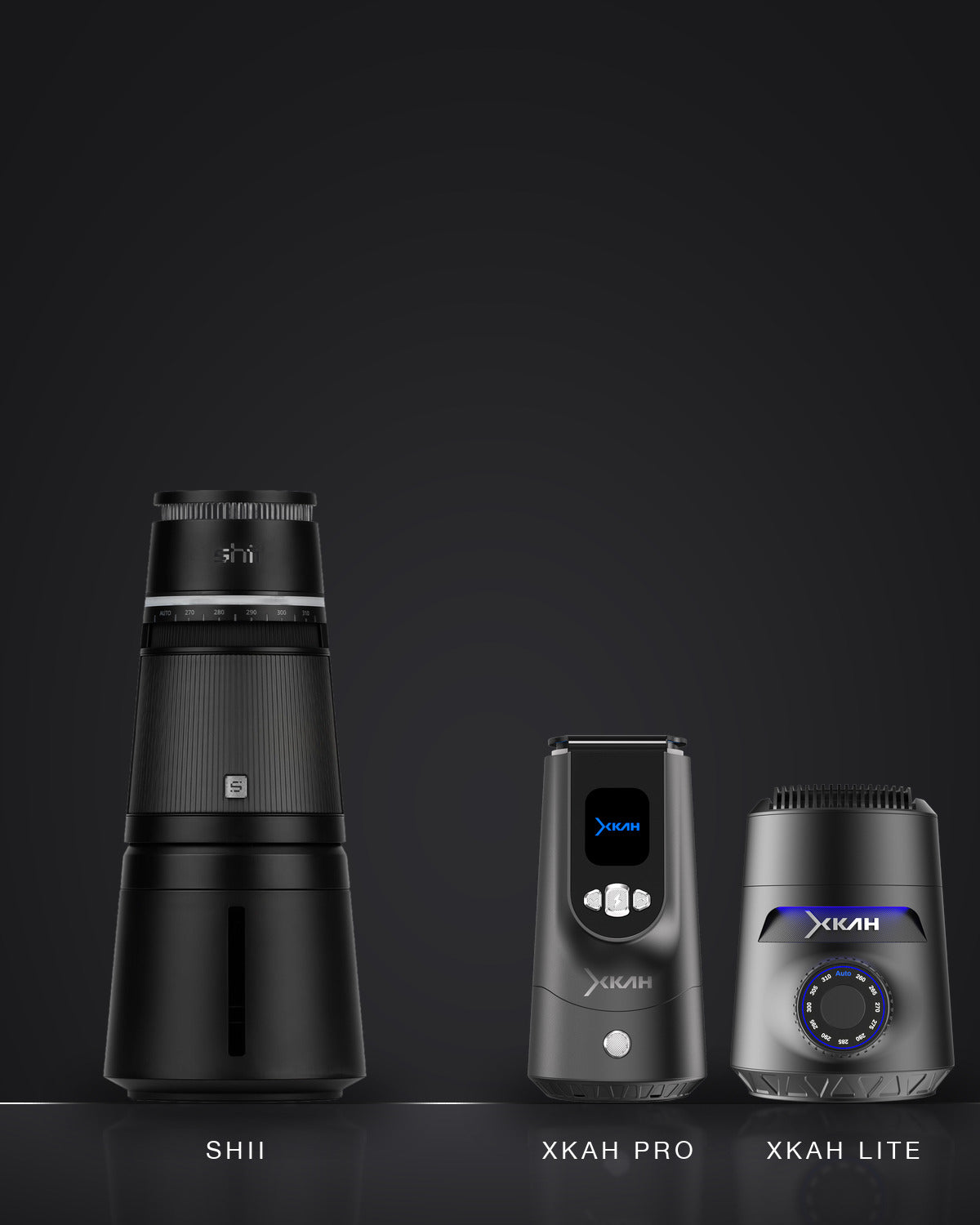 Shii all-in-one hookah next to the XKAH Pro and XKAH Lite heads