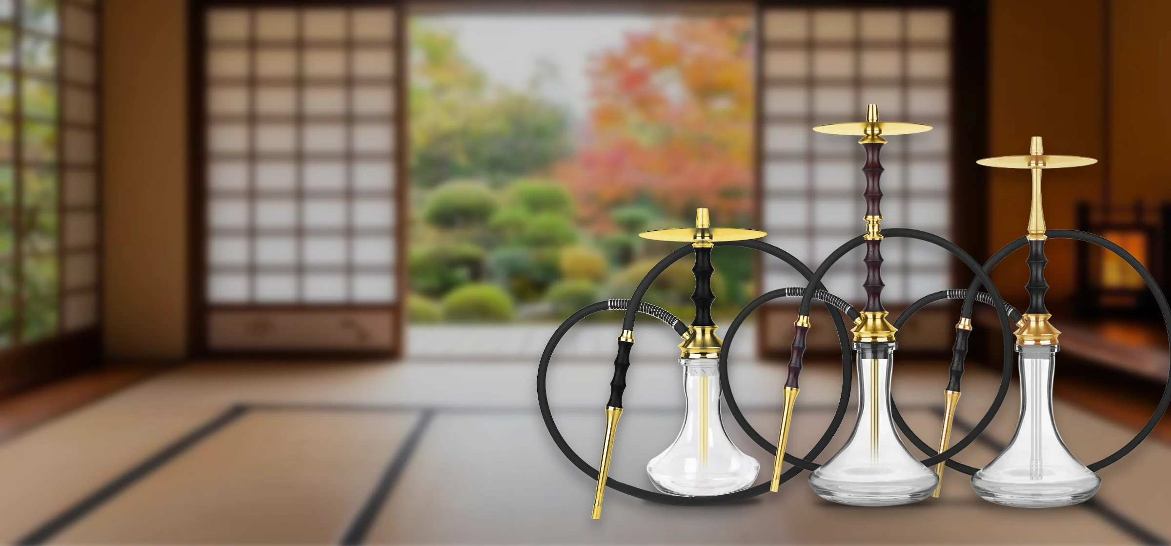 Japona Satoshi, Sensei and Satori hookahs in a Japanese room