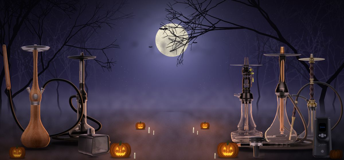 Shishas, a bowl and a hookah head on a misty Halloween night with glowing pumpkins